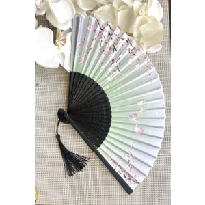 Yelpaze Sakura Çiçekli Pembe Bambu Kumaş Yelpaze A507