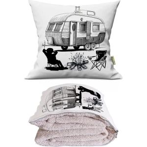 Kara Kalem Kamp Baskılı Dekoratif Yastık Kırlent Opsiyonel Battaniye