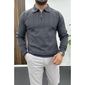 Erkek Yarım Fermuarlı Polo Yaka Mevsimlik Kazak Füme EDW195