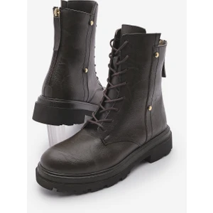 Kadın Arkadan Fermuarlı Zımba Detaylı Kalın Taban Postal Bot Likesta Kahve