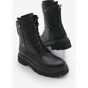 Kadın Arkadan Fermuarlı Zımba Detaylı Kalın Taban Postal Bot Likesta Siyah