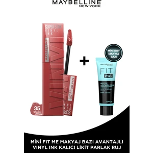 Maybelline New York Super Stay Vinyl Ink Uzun Süre Kalıcı Likit Parlak Ruj 35 Cheeky + Fit Me Primer Matte Mini