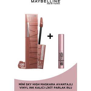 Maybelline New York Super Stay Vinyl Ink Uzun Süre Kalıcı Likit Parlak Ruj 120 Punchy + Sky High Mini Maskara