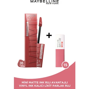 Maybelline New York Super Stay Vinyl Ink Uzun Süre Kalıcı Likit Parlak Ruj 35 Cheeky + Mini Matte Ink Likit Mat Ruj - 15 Lover