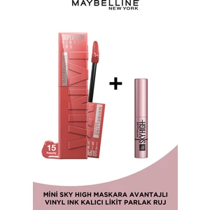 Maybelline New York Super Stay Vinyl Ink Uzun Süre Kalıcı Likit Parlak Ruj 15 Peachy + Sky High Mini Maskara
