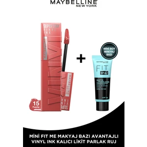 Maybelline New York Super Stay Vinyl Ink Uzun Süre Kalıcı Likit Parlak Ruj 15 Peachy + Fit Me Primer Matte Mini
