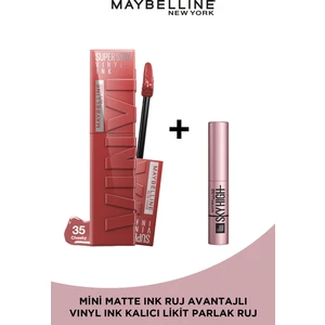 Maybelline New York Super Stay Vinyl Ink Uzun Süre Kalıcı Likit Parlak Ruj 35 Cheeky + Sky High Mini Maskara