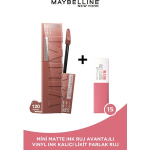 Maybelline New York Super Stay Vinyl Ink Uzun Süre Kalıcı Likit Parlak Ruj 120 Punchy + Mini Matte Ink Likit Mat Ruj - 15 Lover