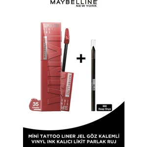 Maybelline New York Super Stay Vinyl Ink Uzun Süre Kalıcı Likit Parlak Ruj 35 Cheeky + Tat Liner Gel Pencil Göz Kalemi Mini