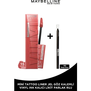 Maybelline New York Super Stay Vinyl Ink Uzun Süre Kalıcı Likit Parlak Ruj 15 Peachy + Tat Liner Gel Pencil Göz Kalemi Mini