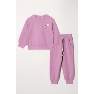 Bisiklet Yaka Uzun Kol Papatya Nakıslı Mor Renk Kız Çocuk Esofman Takım