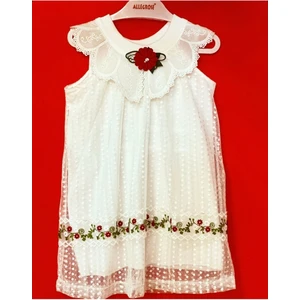Çiçek Detaylı Güpürlü Kız Çoçuk Elbise