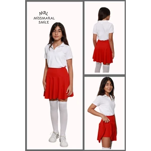 Miss Maral Kız Çocuk Okul Etek Kırmızı Yüksek Bel Içi Şortlu Okul-Oyun-Spor-Etkinlik Eteği