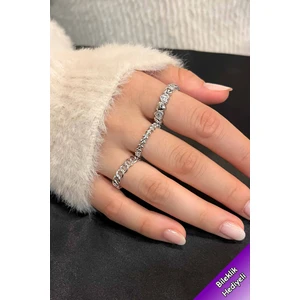 Trend Collection Zirkon Taşlı Gümüş Zarif Ayarlanabilir Melek Kanadı, Zincir, Yaprak Taç 3'lü Kadın Yüzük Seti