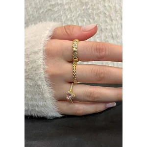 Trend Collection Zirkon Taşlı Gold Zarif Ayarlanabilir Pandora, Taç, Kalp 3'lü Kadın Yüzük Seti