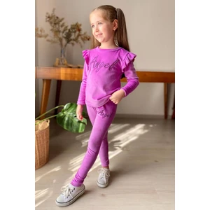 Kız Çocuk Omuzlarında Fırfır Detayı Angel Yazı Işlemeli Kadife Mor Taytlı Takım