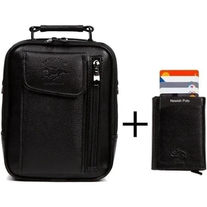 Newish Polo Erkek Deri Çelik Kasalı Kapaklı Omuz ve El Çantası (15X19CM) new189 - Siyah