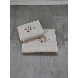 2'li Bambu Banyo Havlu Seti - Çiçek Nakışlı Havlu Takımı - Tivoli Lisette - Kapuçino