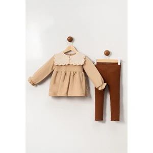Miniğimin Cicileri (2-5 Yaş) Kalp Yaka Nakış Desenli Oversize Taytlı Kız çoçuk takımı - Camel
