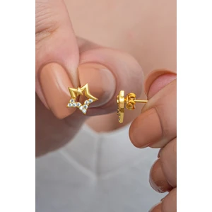925 Ayar Gümüş Gold Kaplama Minik Zirkon Taşlı Çift Yıldız Küpe