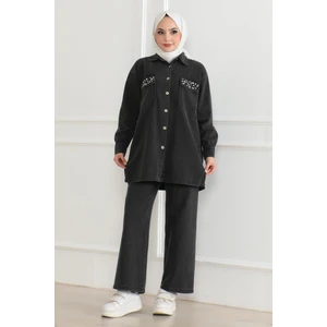 Düğmeli Taş Detaylı Kot Takım Füme 19285