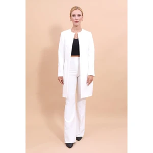 Önder Özsoy Sıfır Yaka Düz Uzun Ceket & İspanyol Paça Pantolon-Beyaz