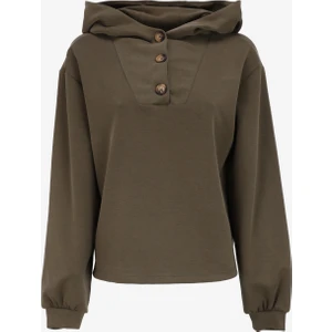 Kapüşon Yaka Düz Haki Kadın Sweatshırt F4WL-SWT0563