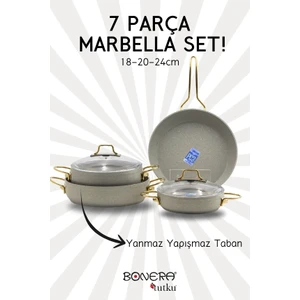 Marbella Nardo Gri 7 parça Granit Tencere & Tava Seti - Gold Kulp Detaylı