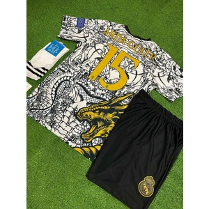 Real Mâdrîd Ejderha Desenli Ardâ-Gülêr Özel Konsept Çocuk Forması 4'lü Set (Black-White)