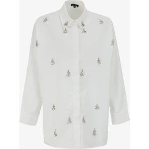 Oversize Gömlek Yaka Taşlı Beyaz Kadın Gömlek F4WL-GML0383