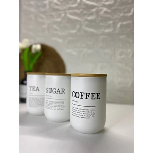 Moda Ozy 3'lü Çay/Kahve/Şeker Beyaz  Cam Kavanoz Seti - 800ml Vakumlu Bambu Kapaklı Saklama Kabı