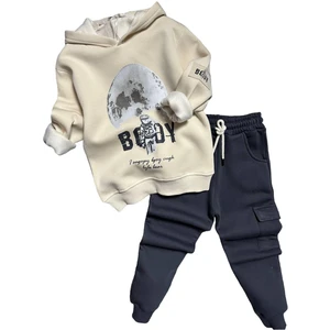 Erkek Çocuk Kapüşonlu Uzay ve Astronot Baskılı Şardonlu Siyah Eşofman Takım