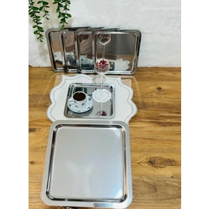 6'lı Paslanmaz Çelik 21X21 Kare Çay, Kahve, Pasta Servis Tepsisi Sunum Tepsisi