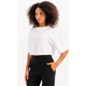 100% Pamuk Crop Bisiklet Yaka Beyaz Kadın T-Shirt- Maia