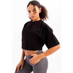 100% Pamuk Crop Bisiklet Yaka Siyah Kadın T-Shirt - Maia