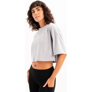 100% Pamuk Crop Bisiklet Yaka Gri Kadın T-Shirt - Maia