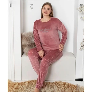 Kadın Kadife Büyük Beden Bisiklet Yaka Uzun Kol Pijama Takımı 4230/2- 1 Adet