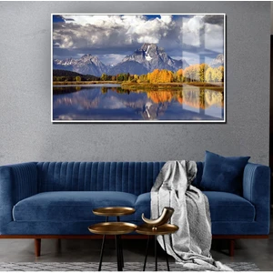 Sonbahar Manzaralı Dağ-Göl Manzara Model 1|Çerçeveli Temperli Cam Tablo Tekli Yatay