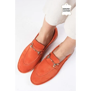 Mio Gusto Claire Hakiki Süet Turuncu Renk Oval Burunlu Toka Aksesuarlı Kadın Loafer Ayakkabı