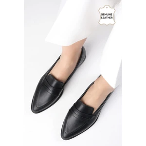 Mio Gusto River Hakiki Deri Siyah Kadın Loafer Günlük Düz Ayakkabı