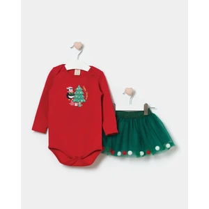 Kız Bebek Noel Konseptli Alttan Çıtçıtlı Tüllü Etekli Yılbaşı Temalı Ikili Takım