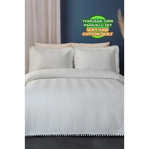 Evlen Home Collection Ollie  Pamuk Yatak Örtüsü ( Pike ) Takımı Çift Kişilik Ponponlu Kapitone Çizgili Günlük Krem Kırık Beyaz