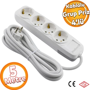Kablolu 4'lü Topraklı Grup Priz Fiş Çoğaltıcı 5 Metre Çoklu Uzatma Kablosu Anahtarsız