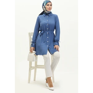 Sefa Merve Boydan Düğmeli Kuşaklı Tunik 1007-06 Indigo