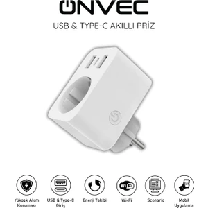Usb Type-c Akıllı Tekli Priz, WiFi + BLE, Google Home ve Amazon Alexa Uyumlu, Uzaktan Kontrol, Anlık Enerji Tüketimi Takip, Zamanlayıcı Özellikli