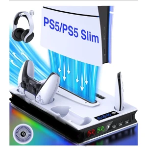Ps5 Slim Pro Fonksiyonel Fanlı Şarj Standı LED Göstergeli Dijital ve CD Li Sürüm Uyumlu Yh60