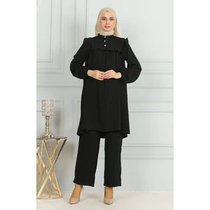Sefa Merve Aerobin Kumaş Fırfırlı Tunik Pantolon Ikili Takım 1009-03 Siyah