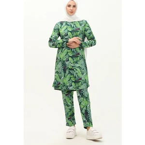 Sefa Merve Desenli Kol Ucu Lastikli Tunik 8631-01 Yeşil