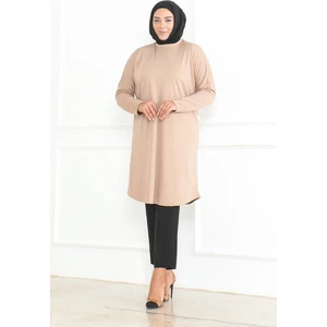Sefa Merve Büyük Beden Mevsimlik Rahat Kesim Basic Tunik 8738-04 Sütlü Kahve