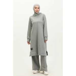 Sefa Merve Iki Iplik Yırtmaçlı Spor Tunik Pantolon Ikili Takım 0293-01 Gri